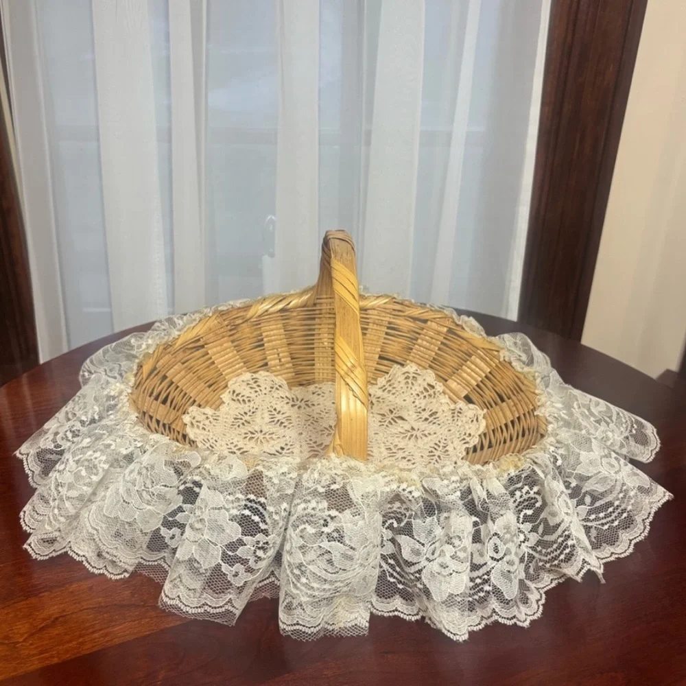 Victorian Lovers Basket Vintage Hand Crafted Lace Cottage Gathering Basket